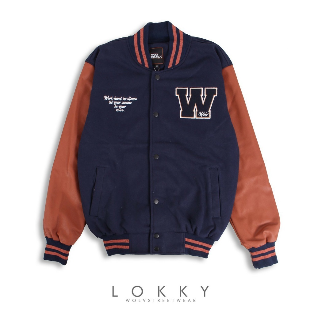 Wolv Varsity Jaket Leathee Native / Jaket Baseball Bahan Kulit Oscar