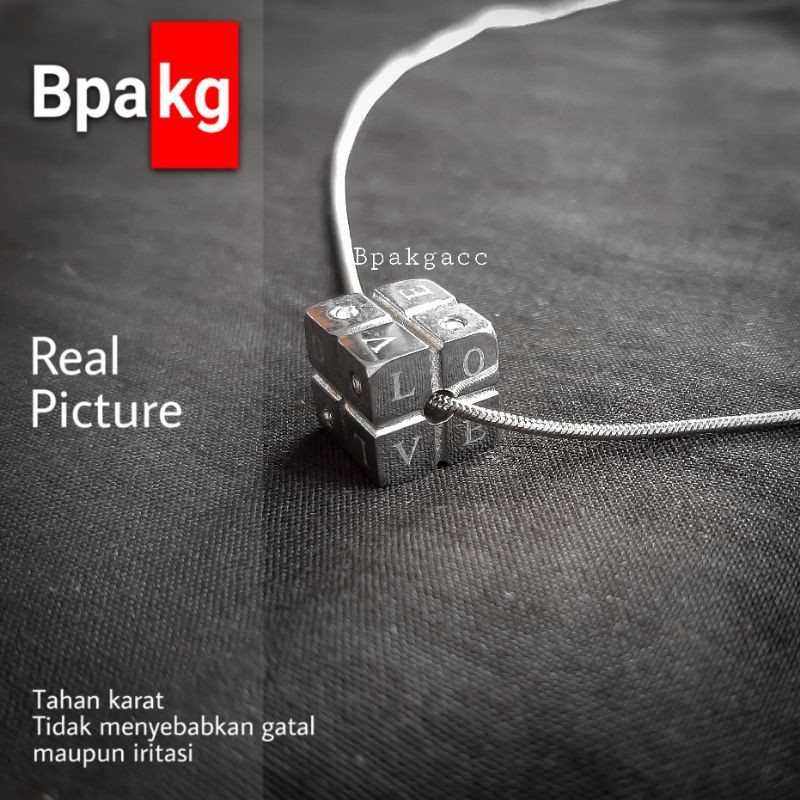 kalung titanium liontin kotak dadu love kalung pria anti karat besi putih asli silver kubus wanita