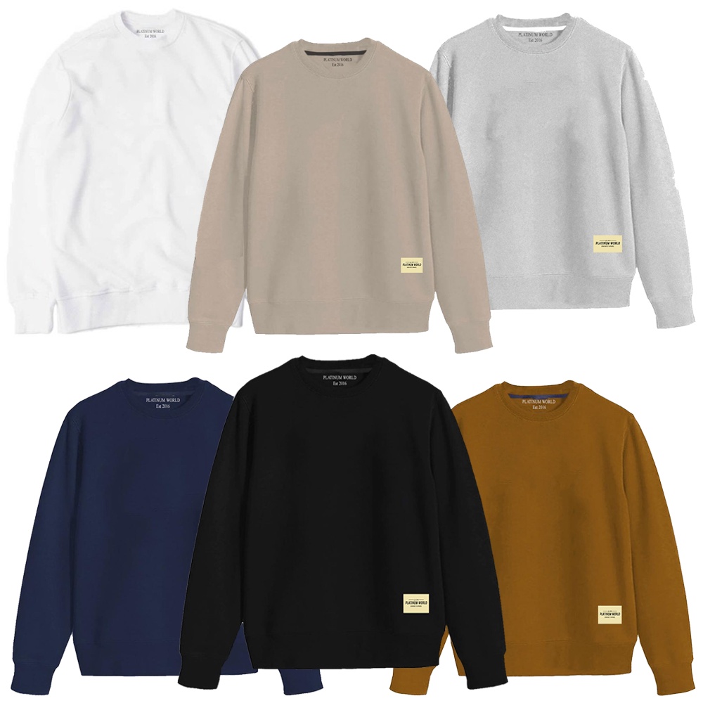 CREWNECK SWEATSHIRT POLOS BASIC PRIA - WANITA // SWEATER POLOS KOMBINASI HITAM PUTIH CREAM NAVI KUBUS ABU PLATINUM WORLD