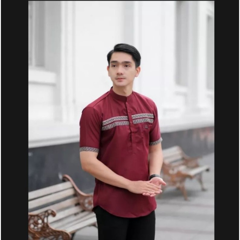 baju koko kurta ff lengan pendek warna merah marun kemeja koko model terbaru 2022 koko pria termurah