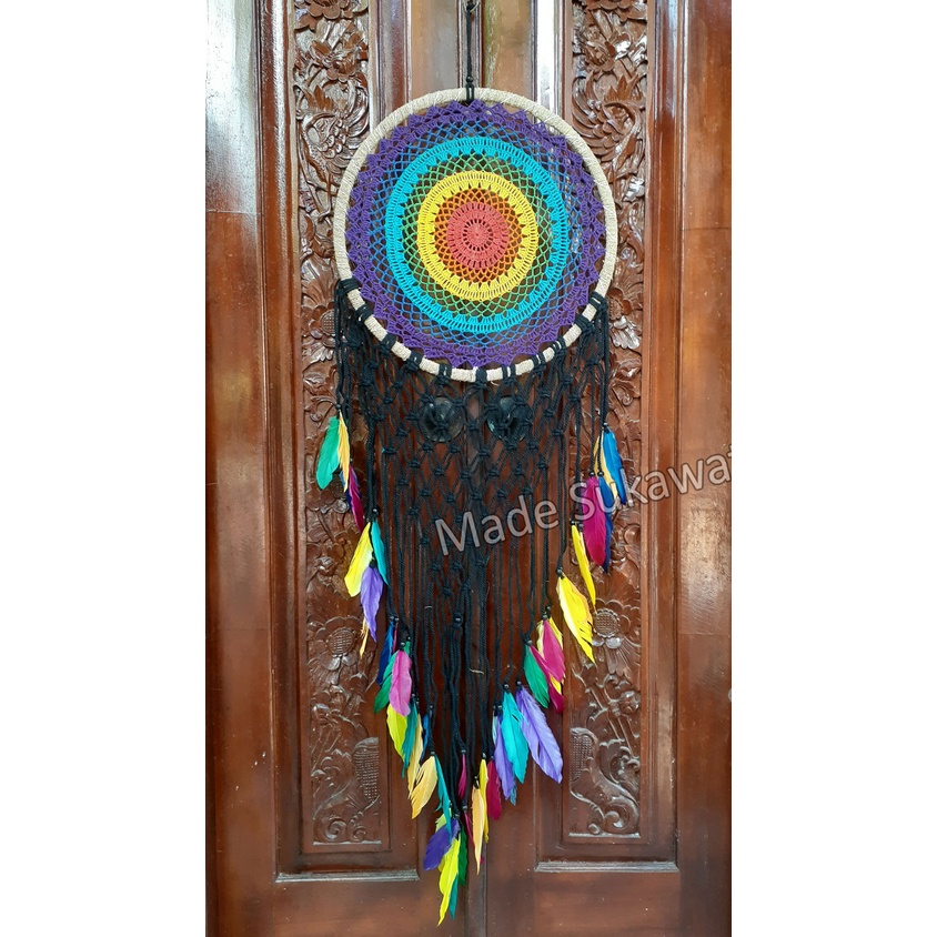 Dream catcher pelangi rasta 42cm lilit sulam rajut hiasan dekorasi