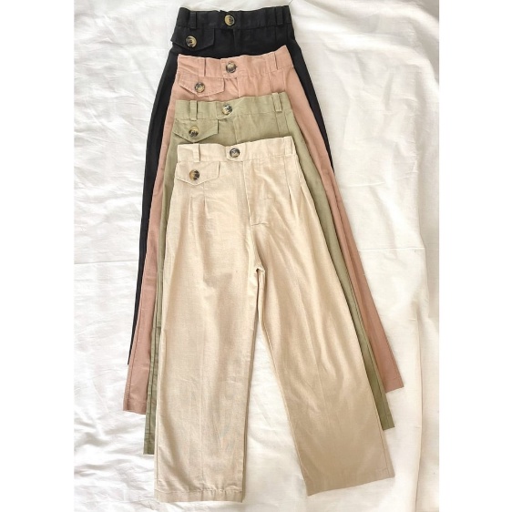 Highwaist Kulot Linen Pants - Variasi Tutup Saku - Pinggang Belakang Karet