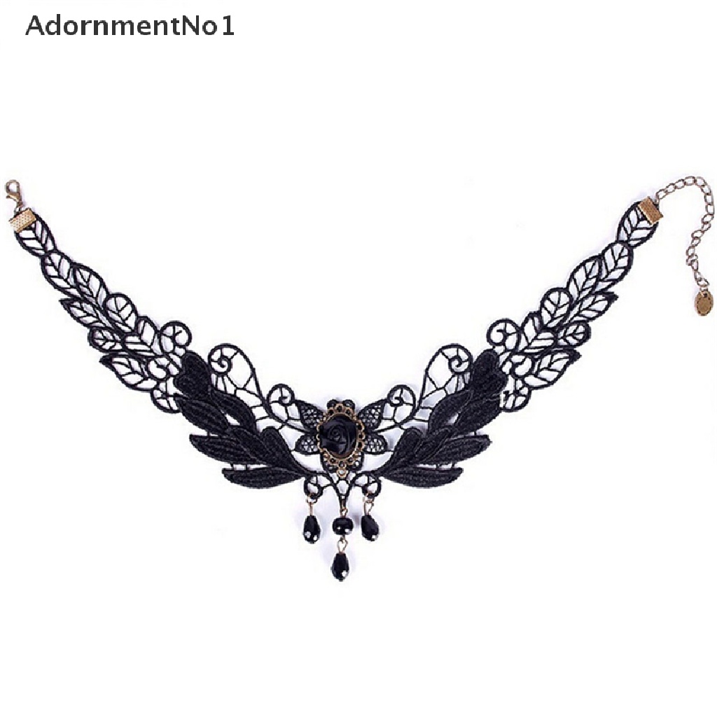 (AdornmentNo1) Kalung Choker Lace Aksen Bunga Mawar + Manik-Manik + Tetesan Air Untuk Perhiasan Wanita