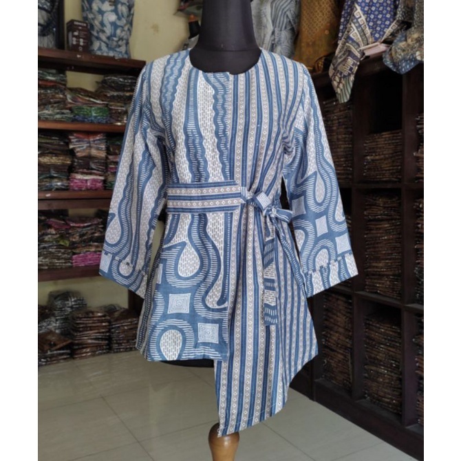 Batik wanita ASJ SA HRB026 Kenongo Kemeja Tosca Pendek-Keris biru