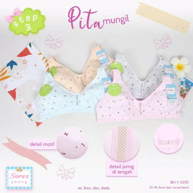 32-36 | Bh Bra Sorex Y3310 (Cup Sedang) Remaja Step 3 Motif | Bra Remaja Tanpa Busa Tanpa Kawat |