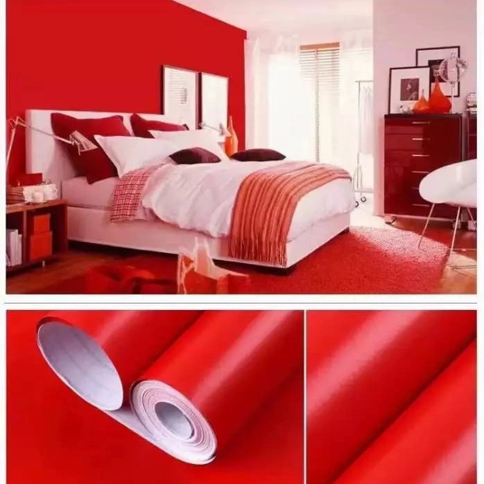 Wallpaper Sticker Dinding Motif Polos Merah Panjang 10Meter x Lebar 45cm