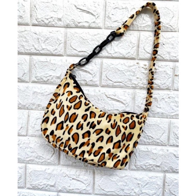 TAS SELEMPANG SAPI ZEBRA LEOPARD WANITA ANIMALS FLUFFY FUR BAG SHOULDER BAG HAND BAG SLING BAG KOREA VINTAGE BAHAN BULU BLUDRU-Macan tali rantai