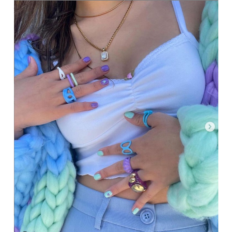 Cincin Model Terbuka Adjustable Warna-Warni Bahan Resin Gaya Korea Untuk Wanita