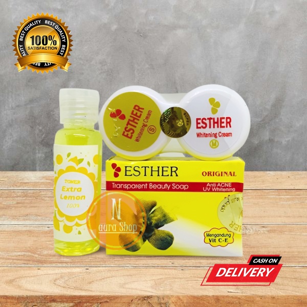 PAKET CREAM ESTHER SIANG DAN MALAM SM + SABUN ESTHER FREE TONER LEMON