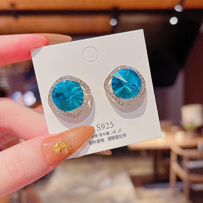 Anting Stud silver needle 925 Hias Kristal Berlian Biru Kilau Geometris Untuk Wanita