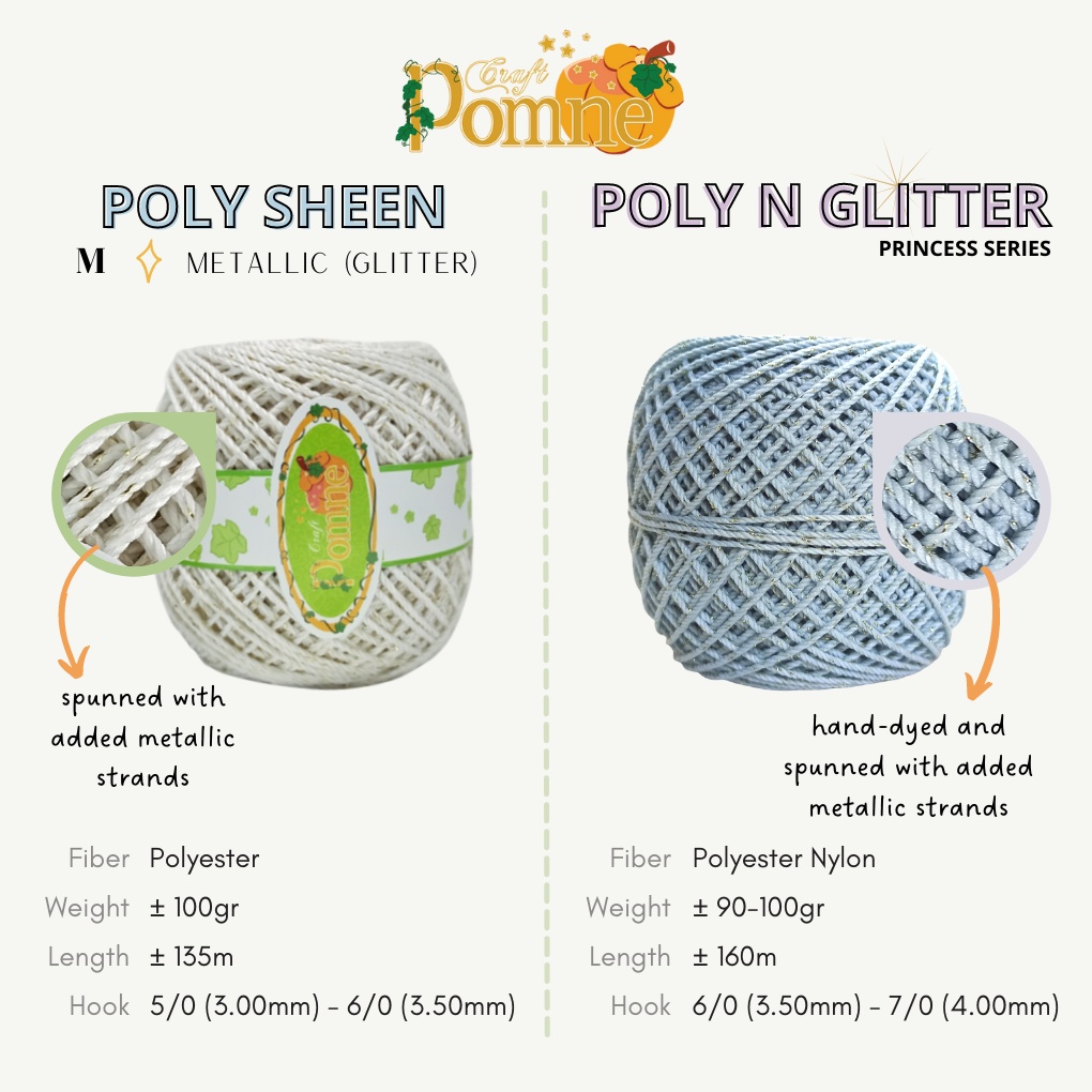 (PART 1) POLY SHEEN by Pomne Craft - PREMIUM Benang Rajut Polyester Poli Poly Kilap Poliester Yarn Benang Poly / Benang Rajut Poly Sheen (Poly Kilap) / Benang Polyester / Benang Poliester