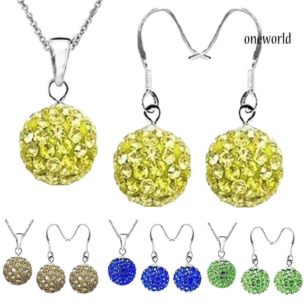 OW@ 2Pcs/Set Women Ball Shaped Charm Rhinestone Hook Earrings Necklace Jewelry Gift