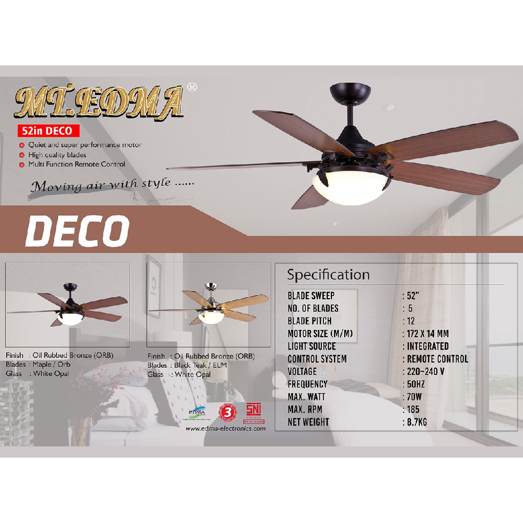 Mt.Edma 52in Deco Kipas Angin Plafon Ceiling Dekoratif Fan Dengan Lampu Hias Dan Remote Control