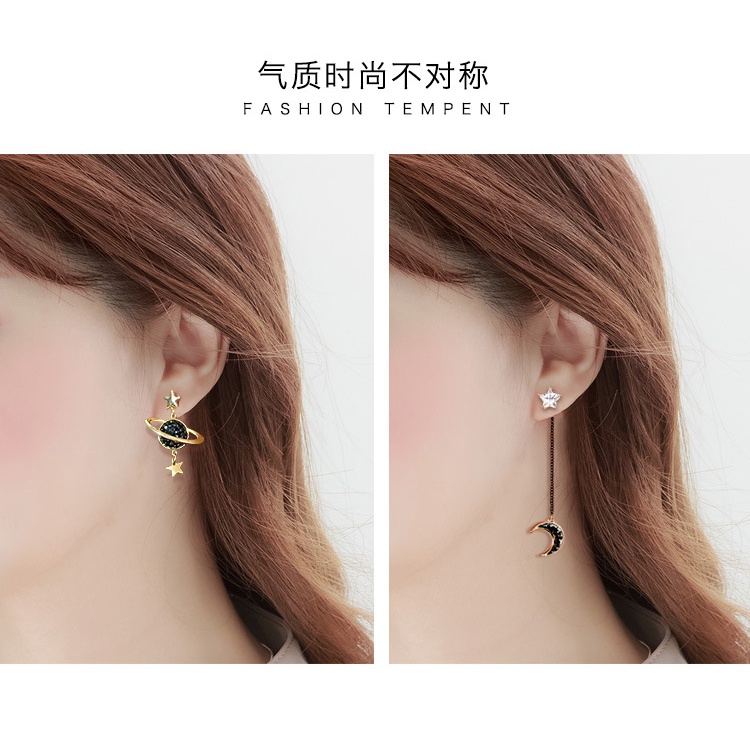 Asimetris anting-anting wanita temperamen Korea bintang Bulan unik telinga perak sterling satu wear