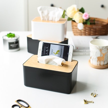 TaffHOME Kotak Tempat Tisu Kayu dengan Smartphone Holder Mobile and Tissue Box - White