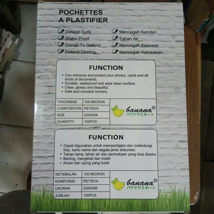 

TERLARIS !!! plastik laminating ukuran A4 merk banana 1 pack isi (100)