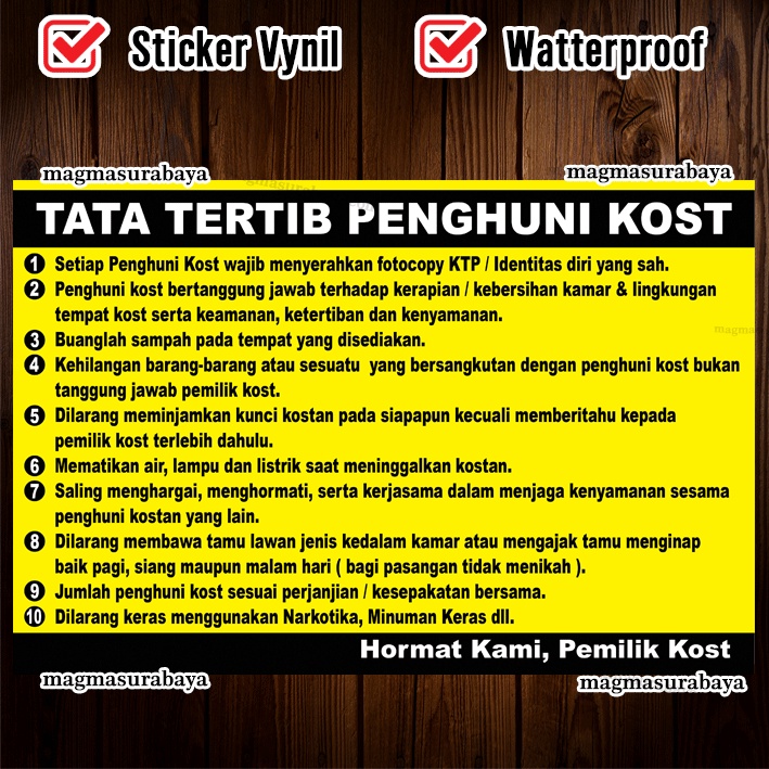 

Stiker tata tertib penghuni kost label magma