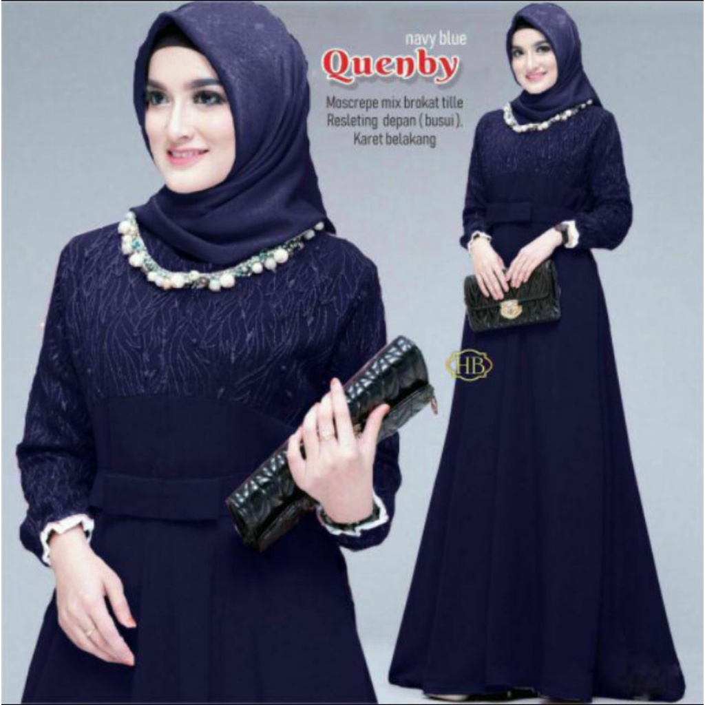 GAMIS BRUKAT MUTIARA QUEENBY KOMBINASA MOSCREPE / Gamis Brukat Busui Muslimah Bumil-NAVY