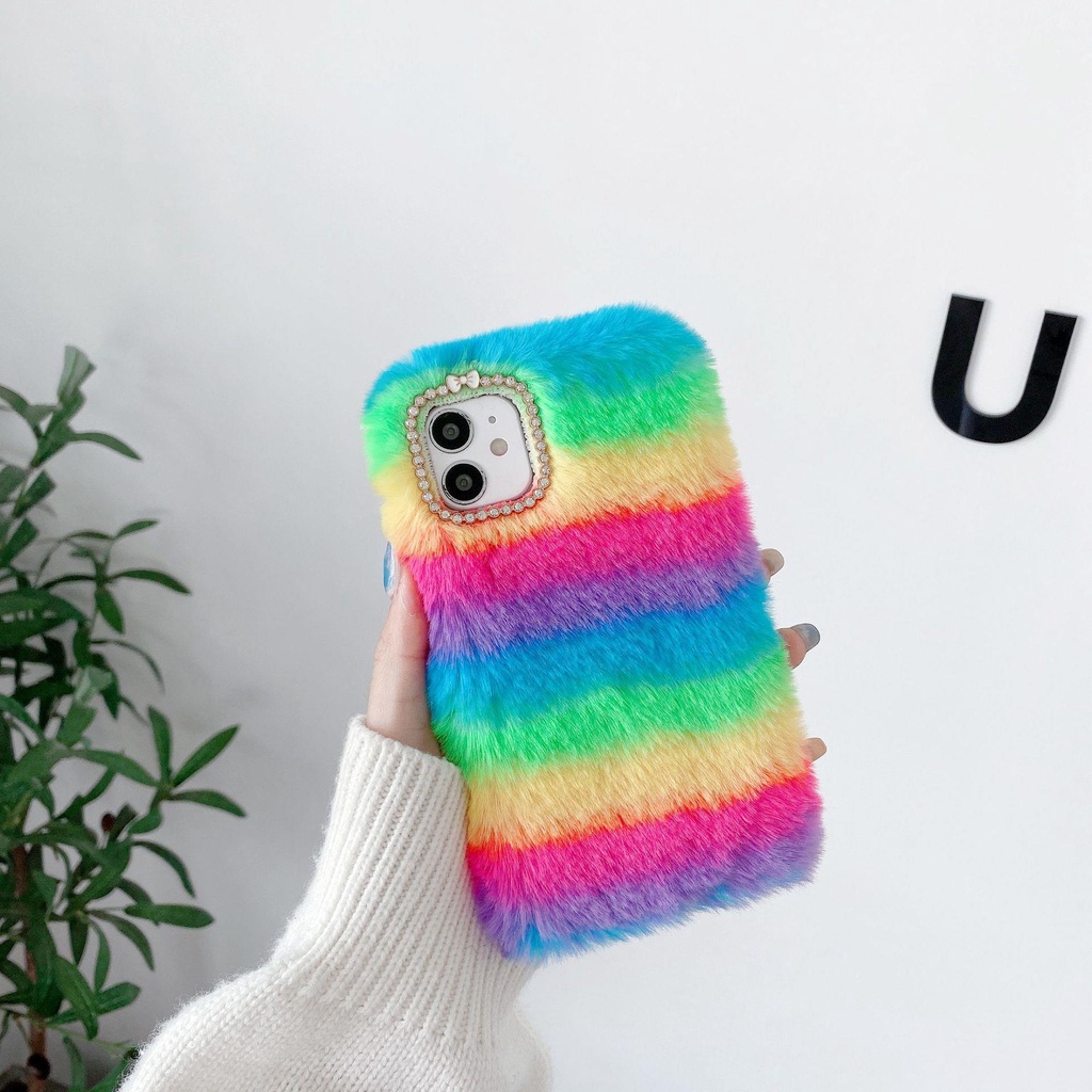 Case Bahan Plush Desain Kelinci Motif Garis Pelangi Untuk Iphone X 11 12 Pro Xs XR 8 Plus 13 7 Plus