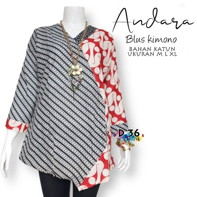 Blouse Blus Katun Halus Andara Atasan Baju Kimono seragam wanita remaja ABG putri Cewek musliimah motif batik Kombinasi Seragaman Kerja Kantor Kuliah Sekolah Trendy Modis Fashion Modern Keknian-Klitik hitam