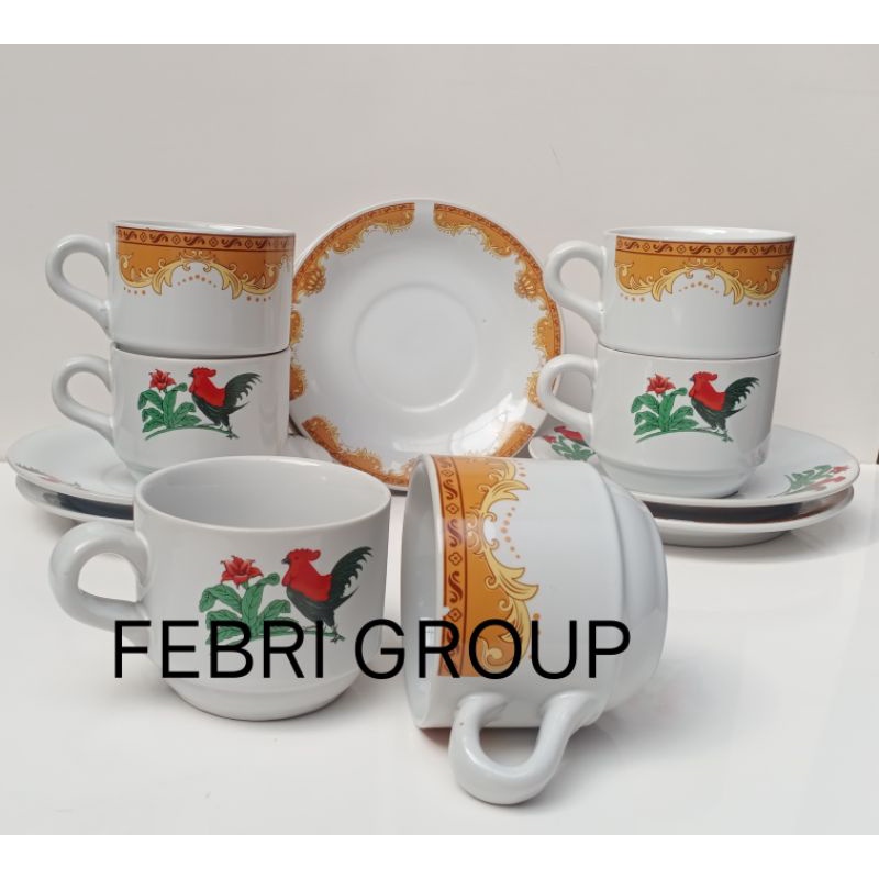 4 LUSIN CAMPUR ...SET GELAS KERAMIK CANTIK CAMPUR MAHKOTA DAN AYAM JAGO ( 24 MUG + 24 TATAKAN ) CANG