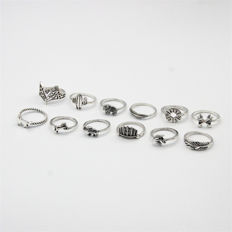 12pcs / Set Cincin Bentuk Daun Rubah Gajah Kaktus Swallow Disk Untuk Aksesoris Perhiasan Wanita