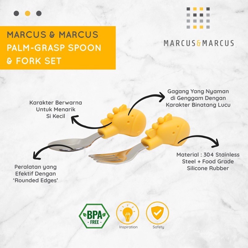 MARCUS &amp; MARCUS PALM GRASP SPOON &amp; FORK SET - SENDOK GARPU STAINLESS BAYI 18m+