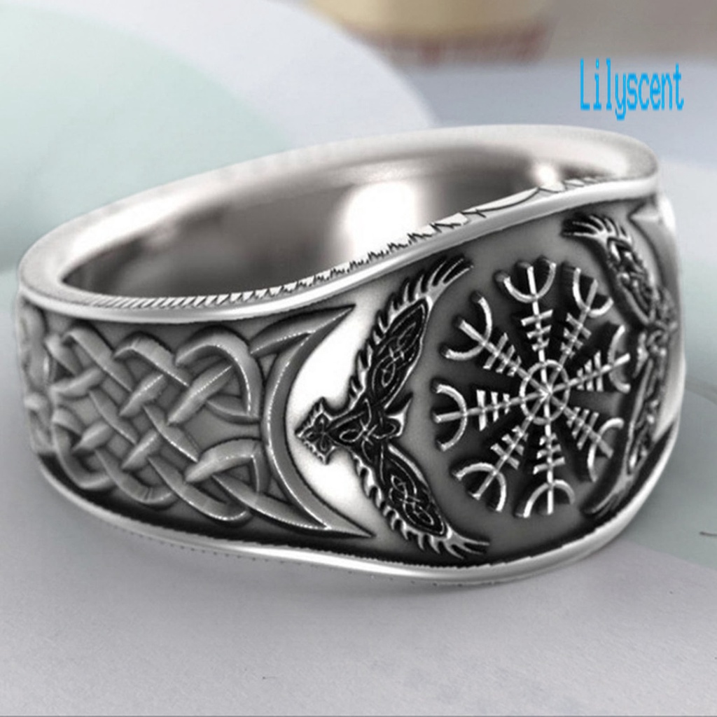Lily Cincin Lebar Motif Ukiran Elang Kompas Bahan Alloy Warna Silver Untuk Pria
