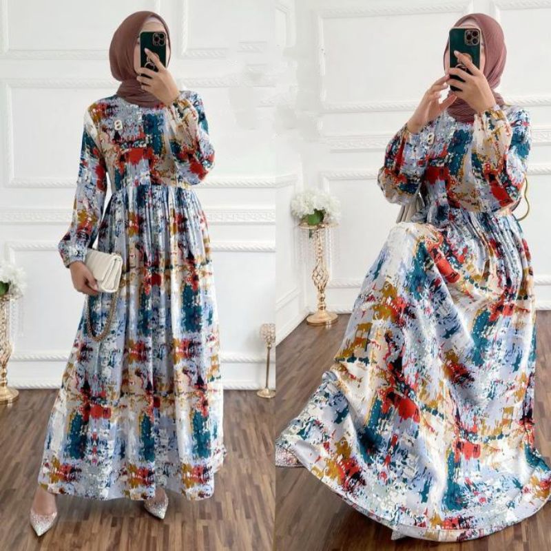 GAMIS MAXI DRESS RAYON PREMIUM LD 100 - 110 HOMEYDRESS BUSUI BAJU GAMIS SERAGAM MOTIF TERBARU V.2-KINANTI DRESS
