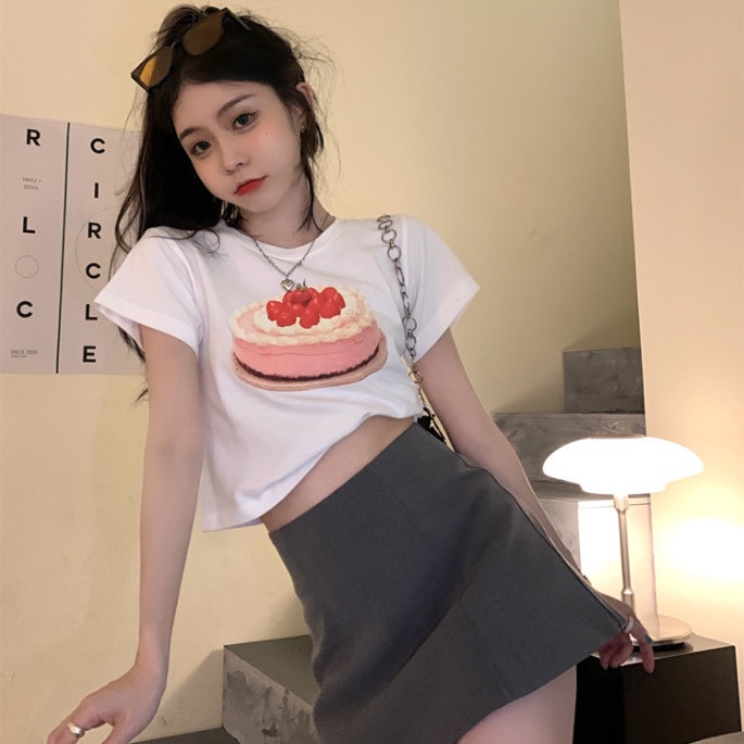 T-shirt pacar mahasiswa pendek rasa krim kue dicetak musim panas atasan longgar lengan pendek wanita