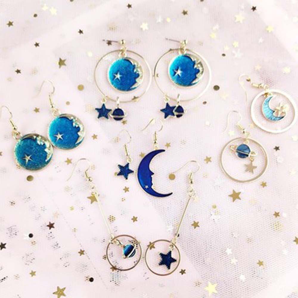 Needway Anting Bulan Bintang Biru Panjang Hadiah Planet Liontin Asimetris Saturnus Ear Studs Moon Women Earrings