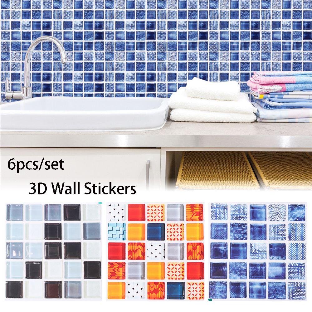 Populer 6pcs /set Stiker Dinding Kamar Mandi 3D Dapur Mural Lantai Ubin