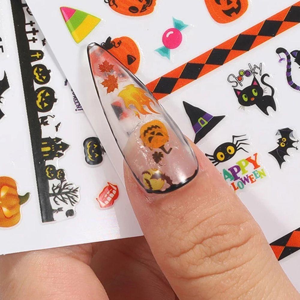 AUGUSTINA Agustina Halloween Stiker Kuku Wanita Penyihir Spider Web Perekat Diri Kucing Hitam Labu DIY Kuku Decals