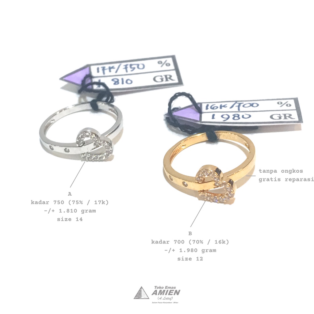 Toko Emas Amien Cincin Emas Putih Asli UBS Kadar 750 (75% / 16K) 1.810 gram - Millie Molly Love Perm