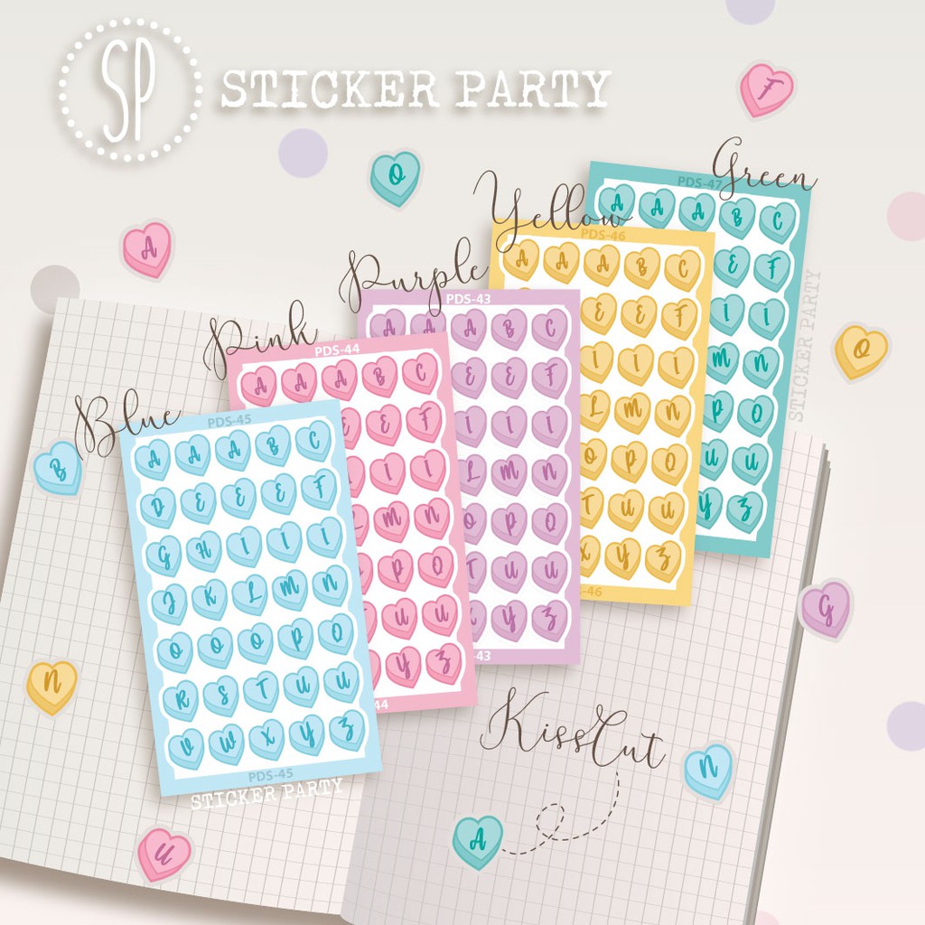 

[Sticker Party] Stiker Huruf A-Z Alfabet Abjad Bentuk Permen Hati Sweetheart Candy Pastel Kpop Polco Deco Photocard PC PDS