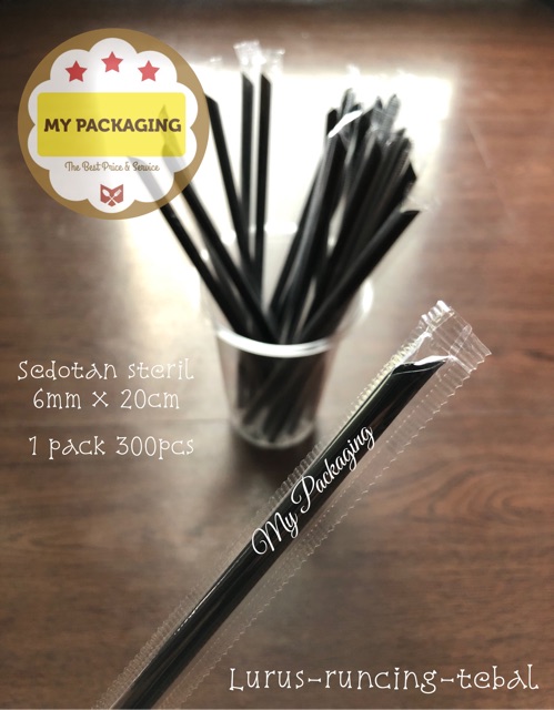 Sedotan Steril Bungkus Plastik Lurus Runcing 6mm 20cm isi 300pcs - HITAM BLACK STRAW kopi Coffee Steril Higienis TEBAL KUAT Bungkus Plastik Tidak Mudah Sobek Bagus 6mm isi 300pcs