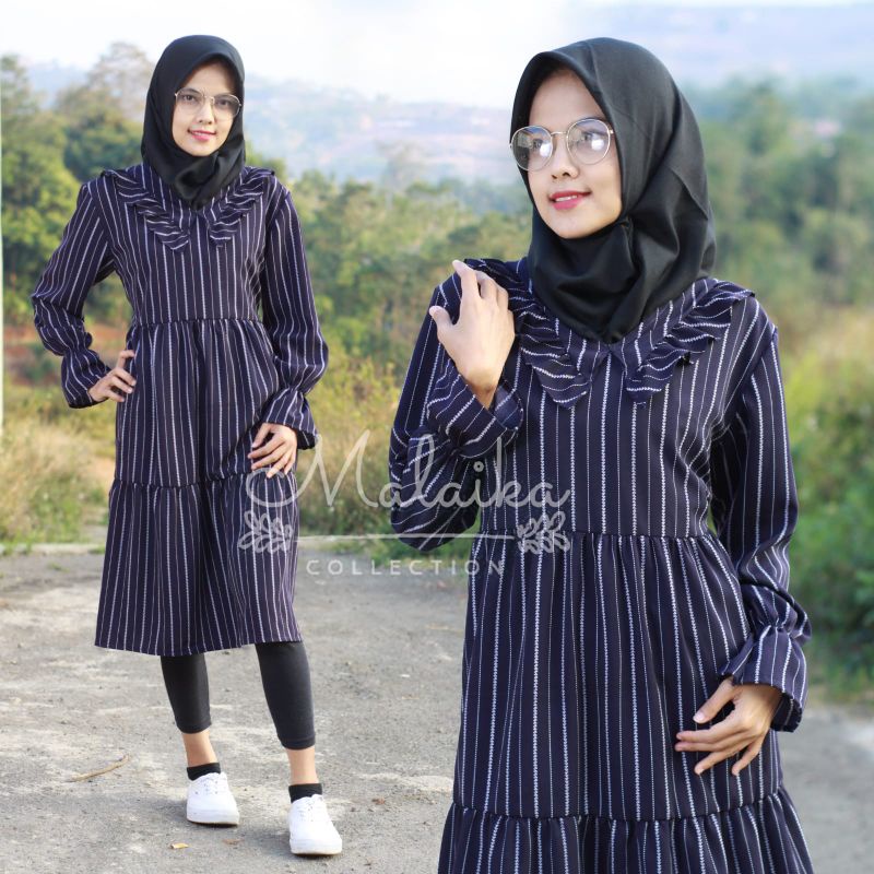 Malaika tunik salur biru Dongker
