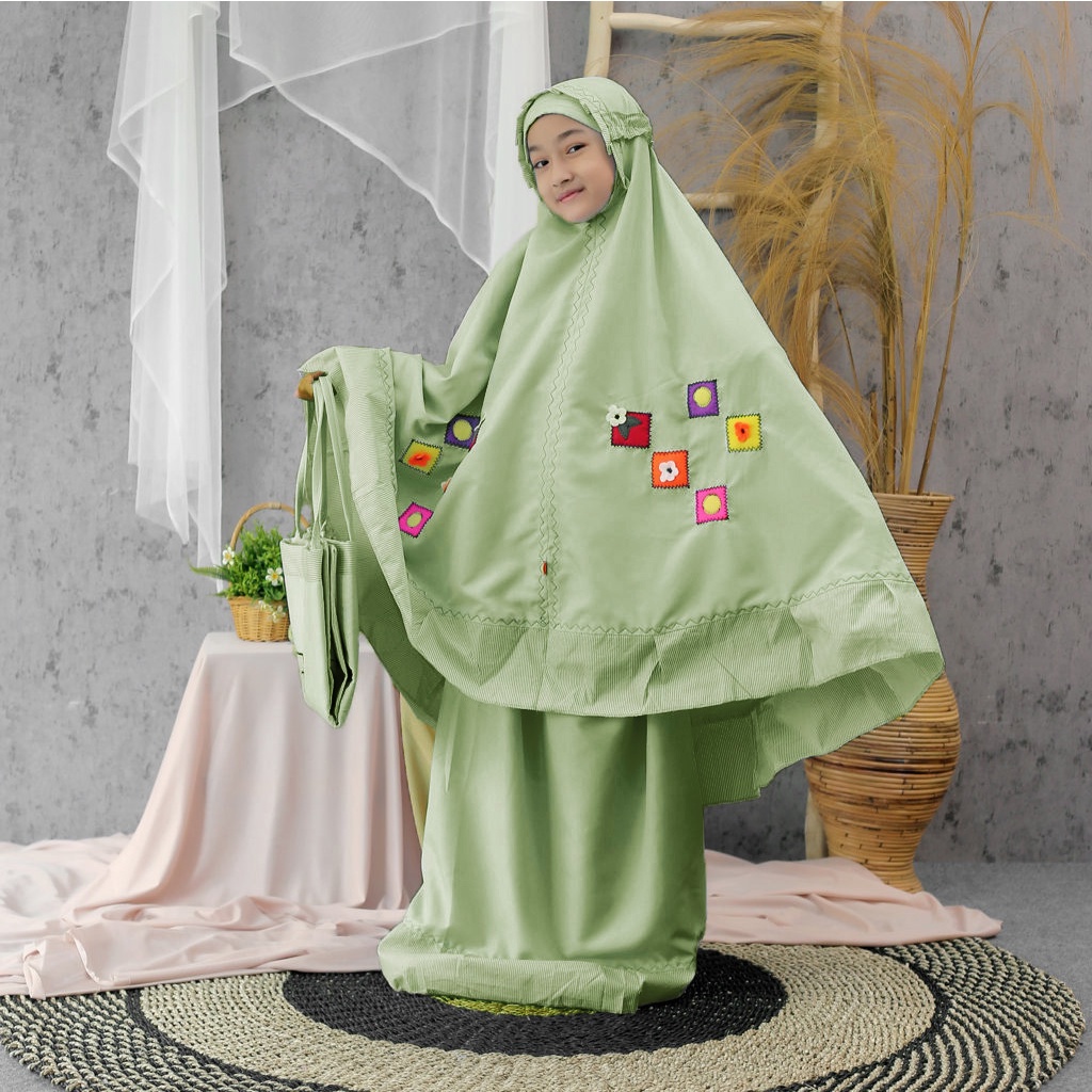 Mukena Anak Tas Sajadah Salur bahan Katun Micro Super-FOREST GREEN