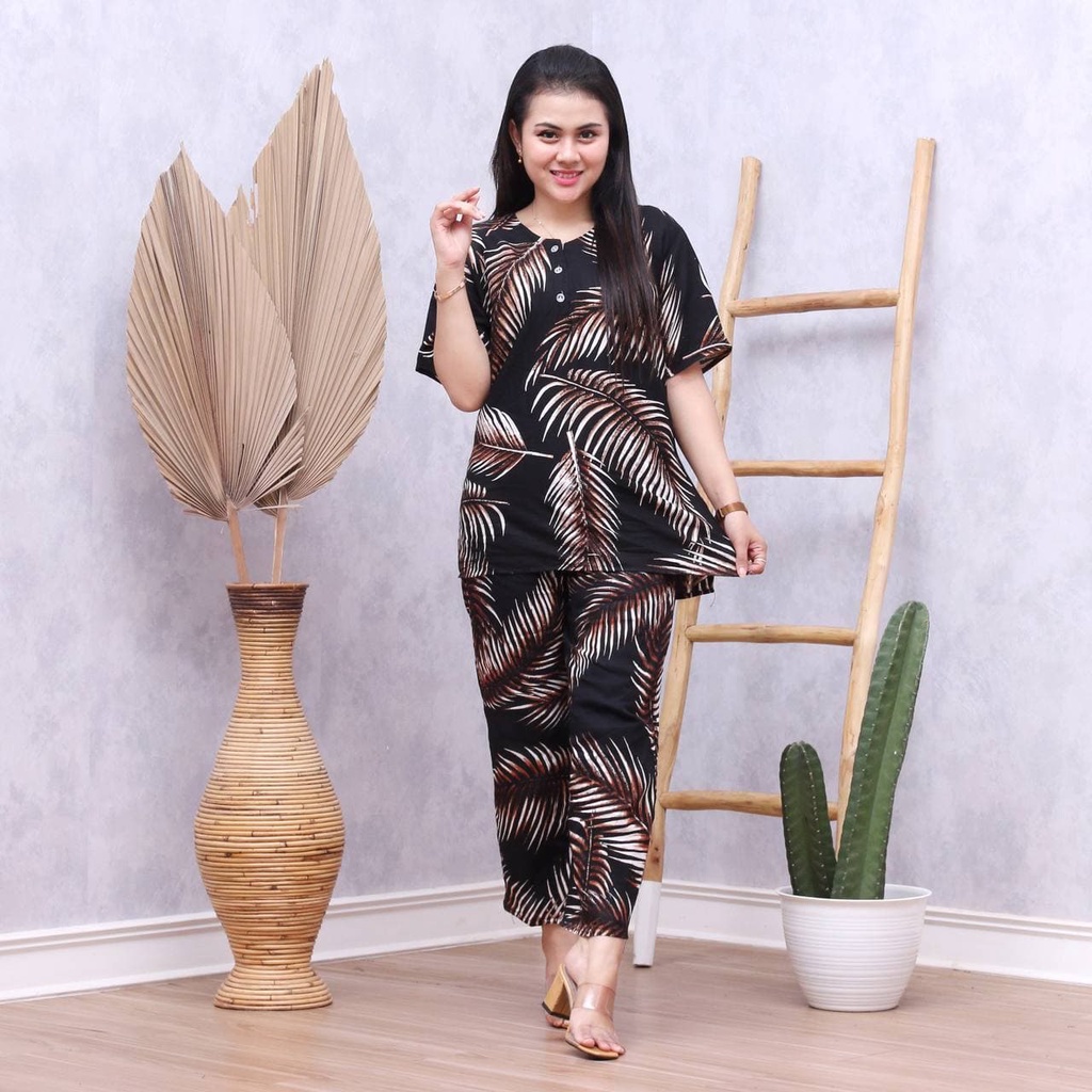 Batik Prass - Setelan Baju Tidur Busui Lengan Pendek - Piyama Batik Terbaru - Baju Santai-BLARAK HITAM