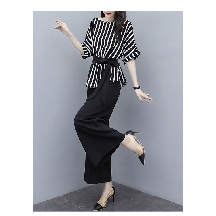 NEW 2Pcs Setelan Wanita Blus Bergaris Lengan Pendek Ikat + Celana Longgar Wide Leg Set Kasual Hitam