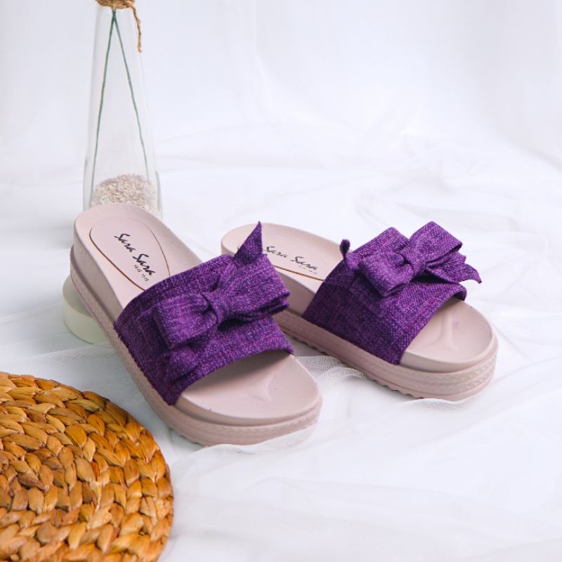 Sara Sara BARA Sandal Slop Wanita Casual Sendal Slop Cewek Wedges Tinggi 5 Cm Bahan Canvas Kekinian