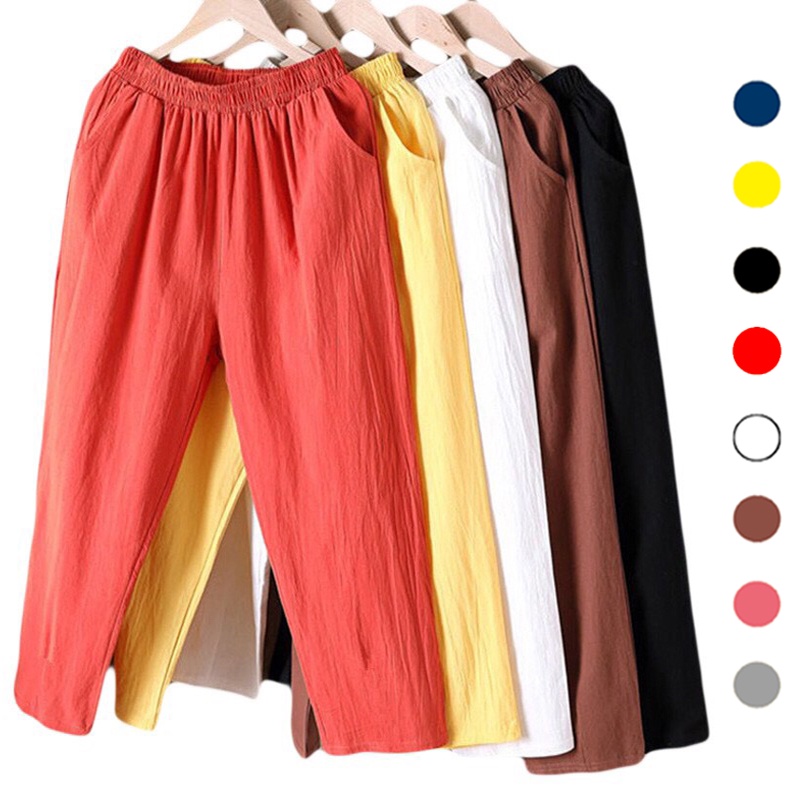 Stok bersih!COD M-4XL Celana Dipotong Wanita Cropped Pants Katun Linen Soft Warna solid Longgar Harem Women Casual Pants