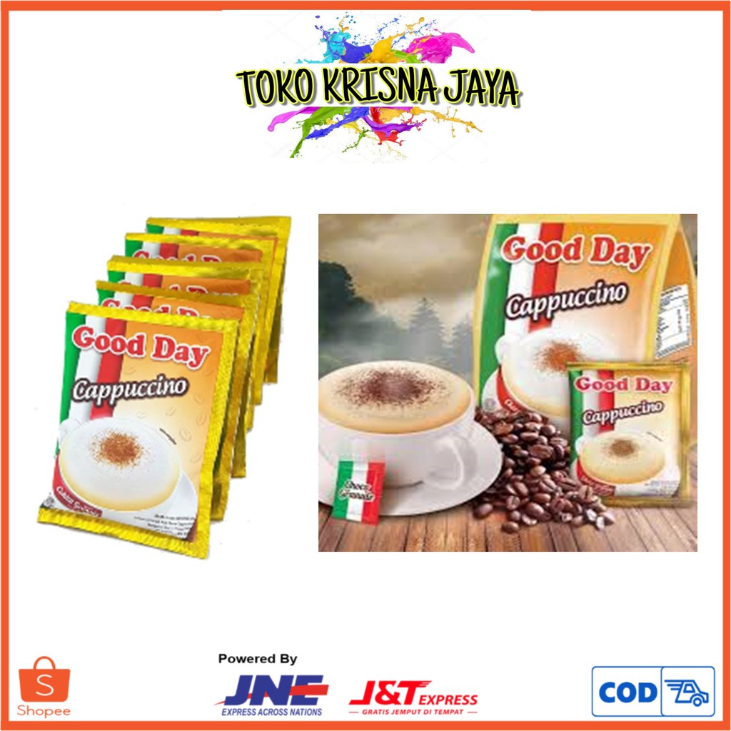 

GOOD DAY CAPPUCINO WITH COKLAT GRANULE SACHET 1 RENCENG ISI 10 PCS X 25 GR