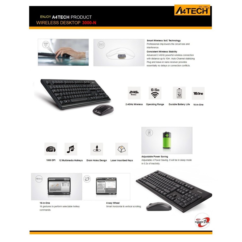 Keyboard mouse a4tech wireless 2.4ghz multimedia fullsize for Laptop-Pc desktop 3000n