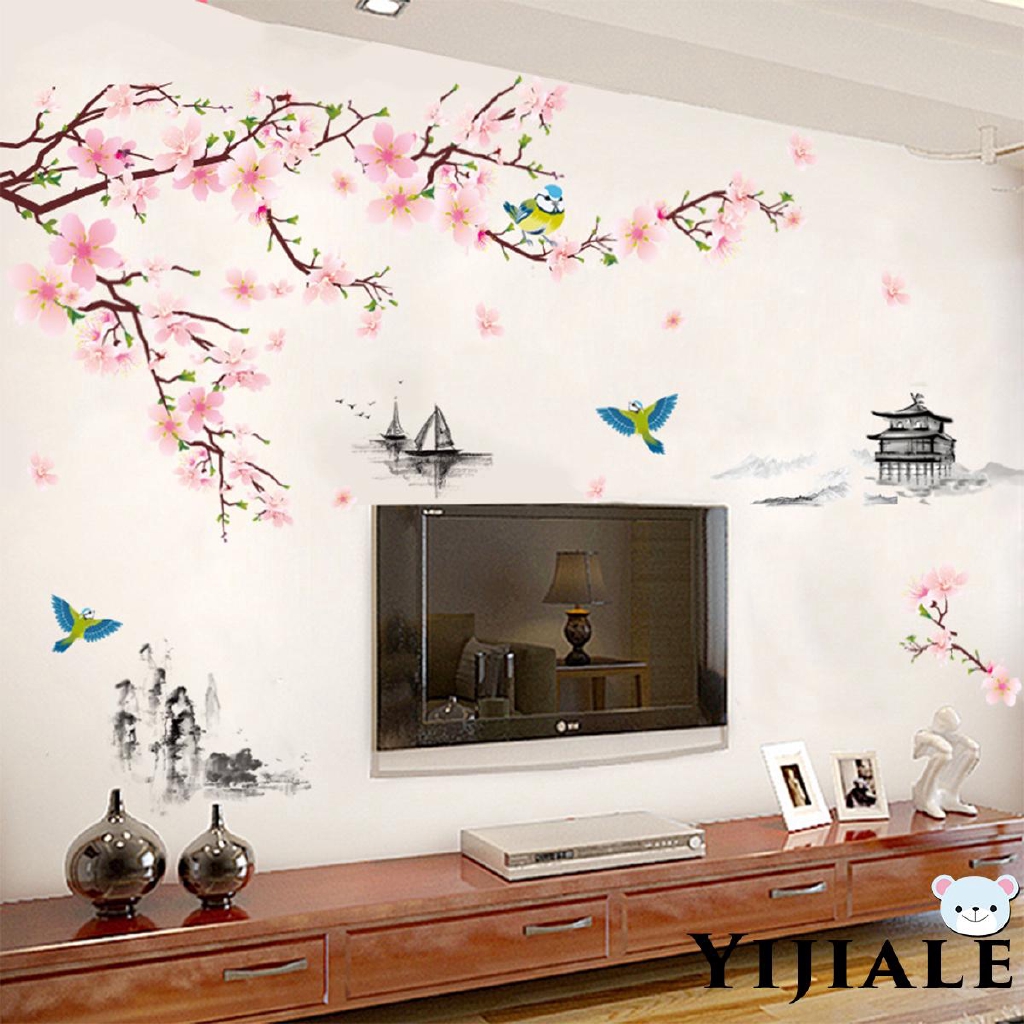  Stiker  Dinding Decal Desain  Ink  Peach Blossom Paviliun 