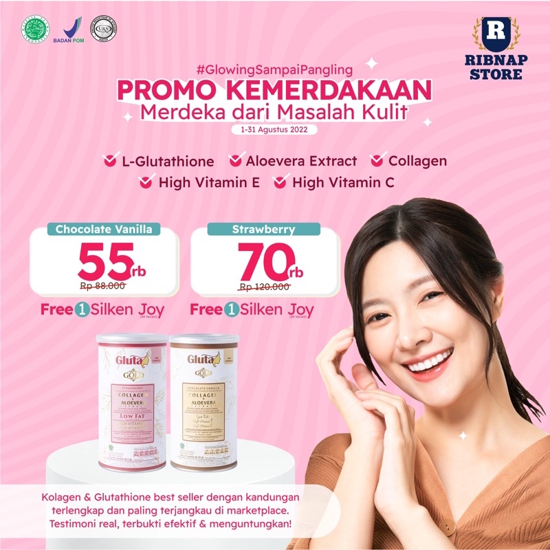 GLUTA GOLD ORI 100% STROBERI - Collagen Drink Aman bumil busui - tanpa suntik putih GRATIS PUDDING