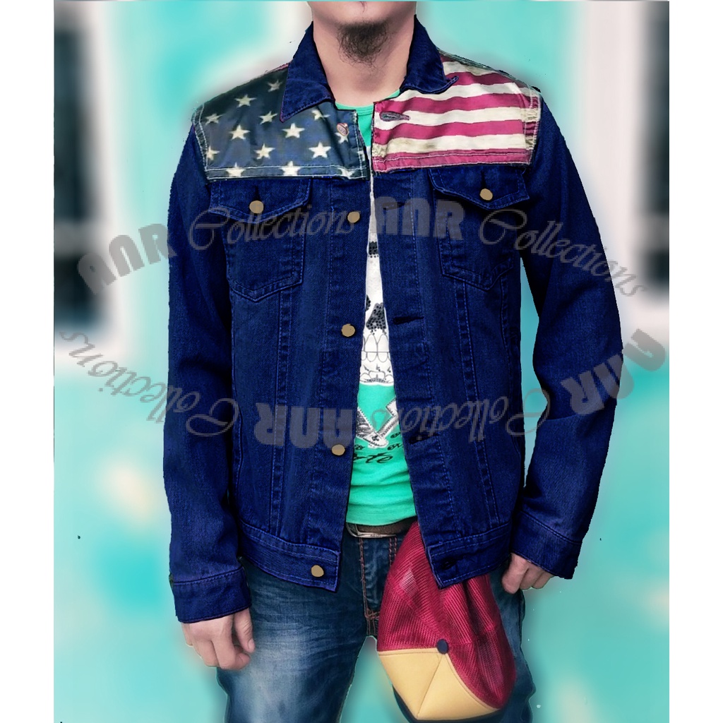 Jaket Jeans Denim Sublime Logo Bendera Karakter  Pria/Cowok