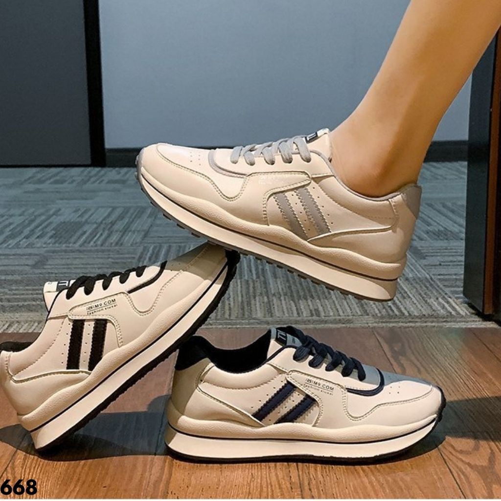 SEPATU SNEAKERS WANITA PUTIH KULIT IMPORT OLAHRAGA KETS COMFY ANTI SLIP 668 NYAMAN