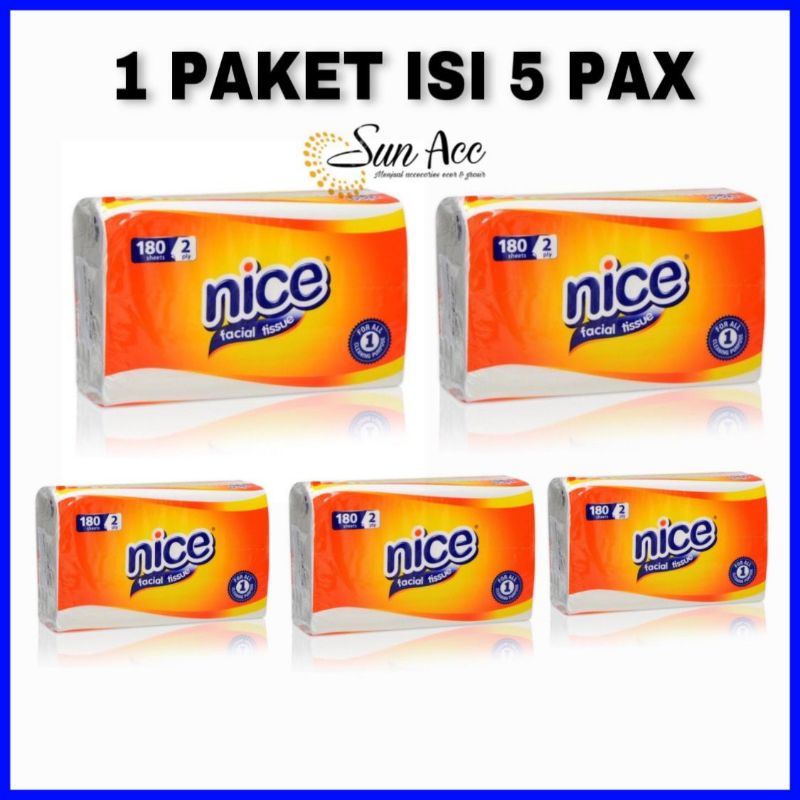 (SUN) [PROMO BUNDLING] NICE Tissue Facial 180s x 5pcs ( Berat Kurang Lebih 900gram ) Tisu NICE 180 Sheets 2ply