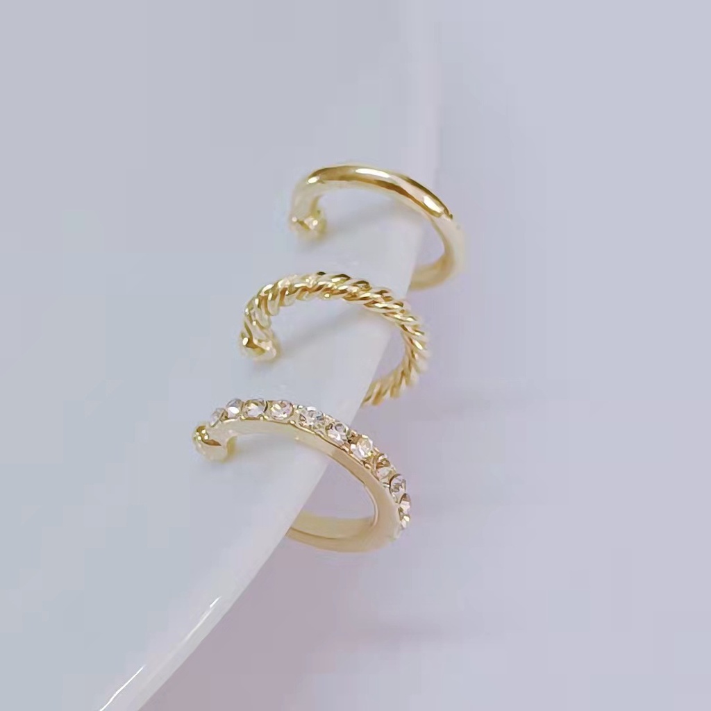 [ 3Pcs/Set Gold Color Rhinestone  Hoop Earrings  Ear Cuff Ear Clips  Ear Jewelry for Girls ]